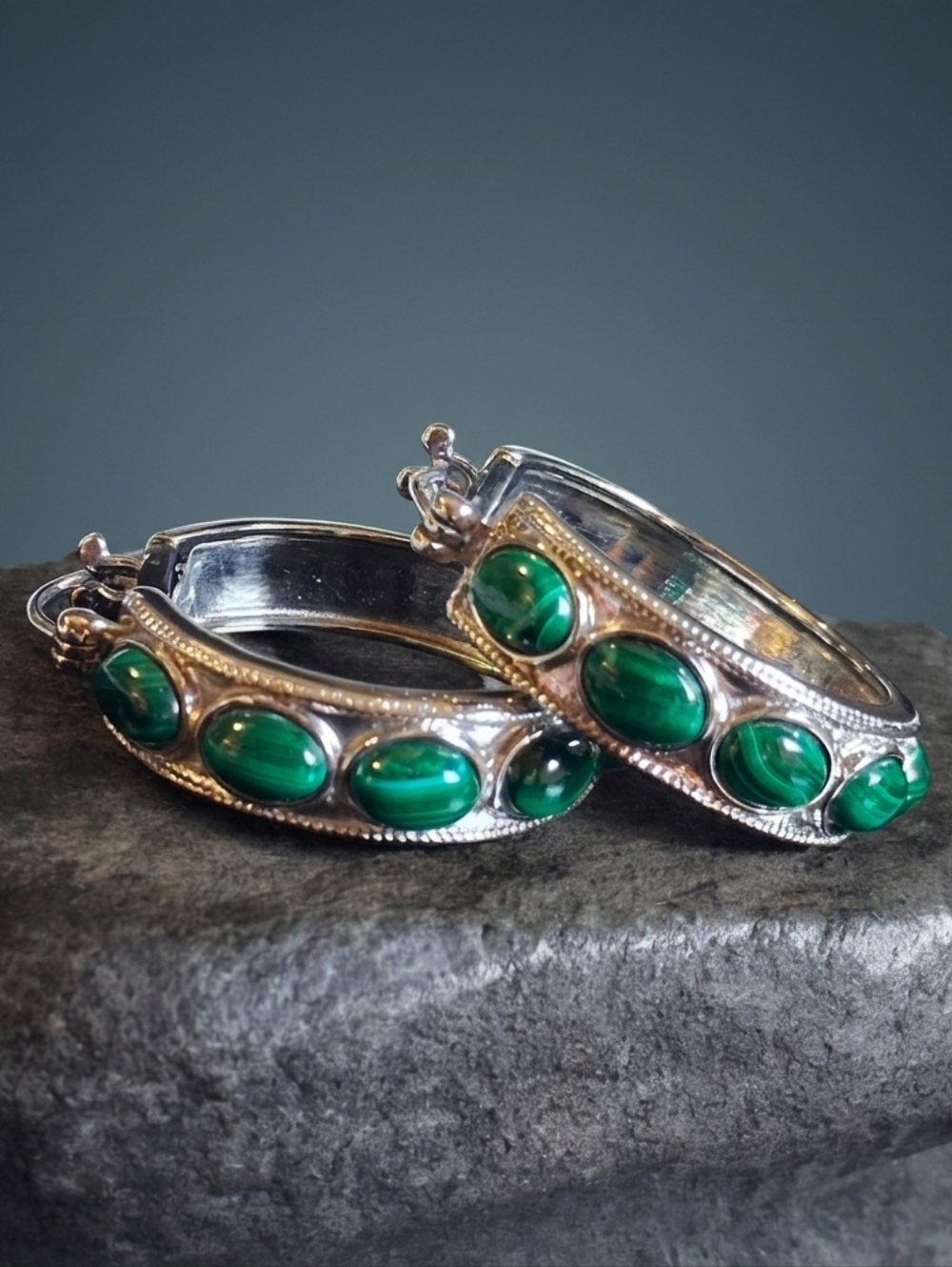 Malachite Cabochon Stainless Steel Hoop Earrings – Bold Everyday Hoops